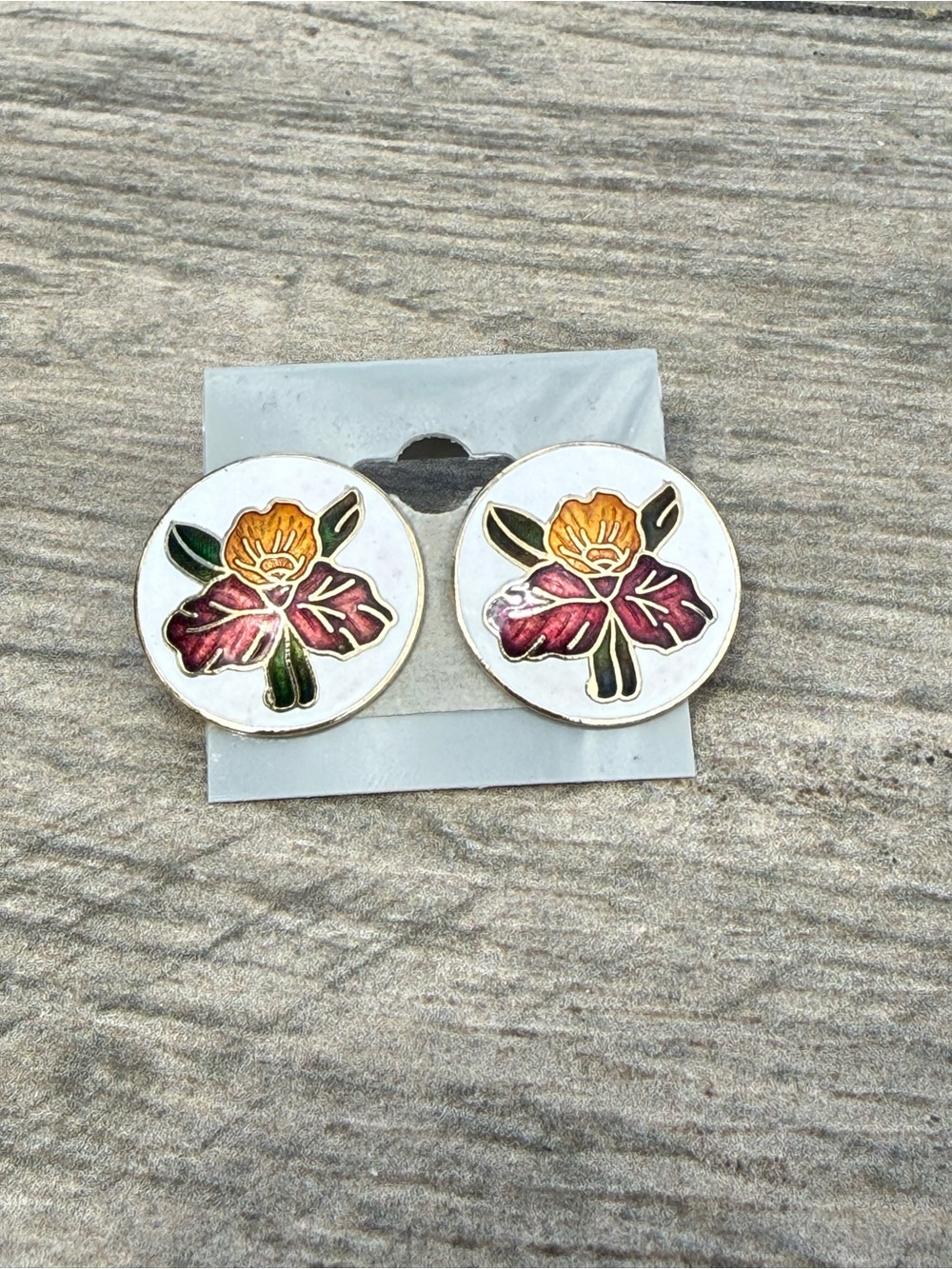 EUC Vintage 80's round cloisonné enamel floral earrings gold trim